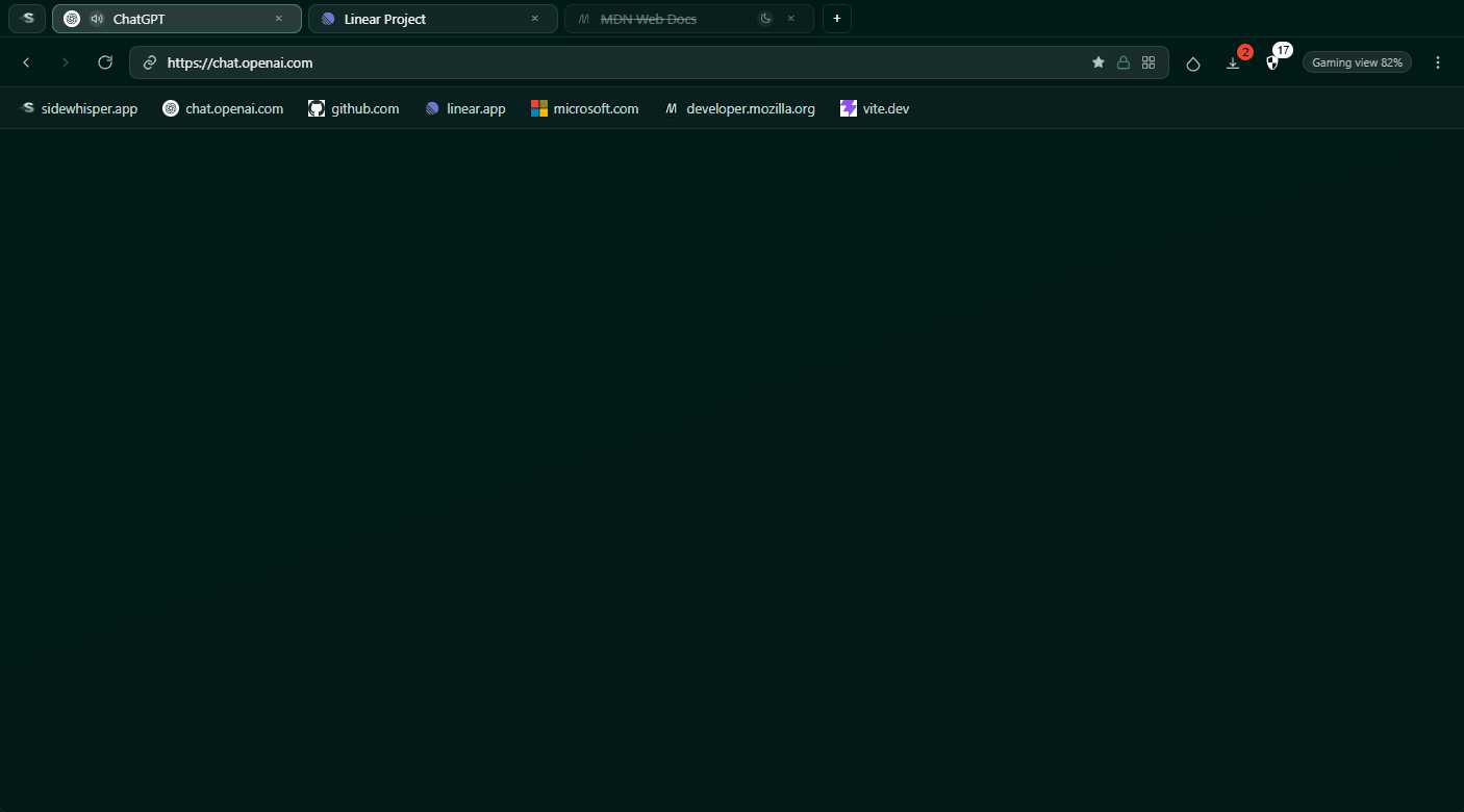 Side Whisper tabbed browser chrome with Gaming view enabled